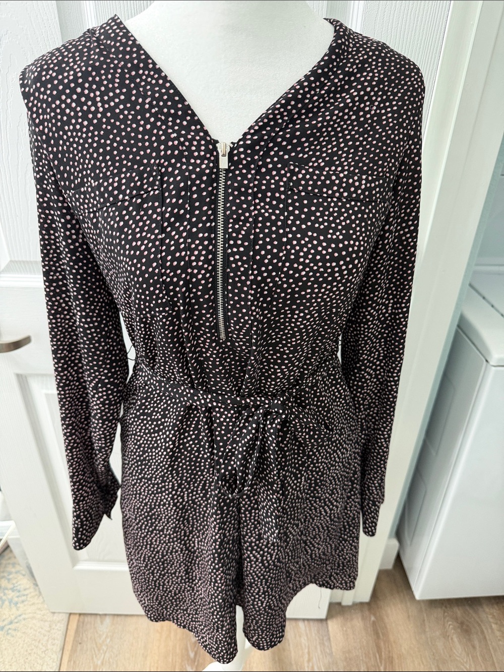 Express Black Long Sleeve Dress with Pink Dot Print and Front Zip